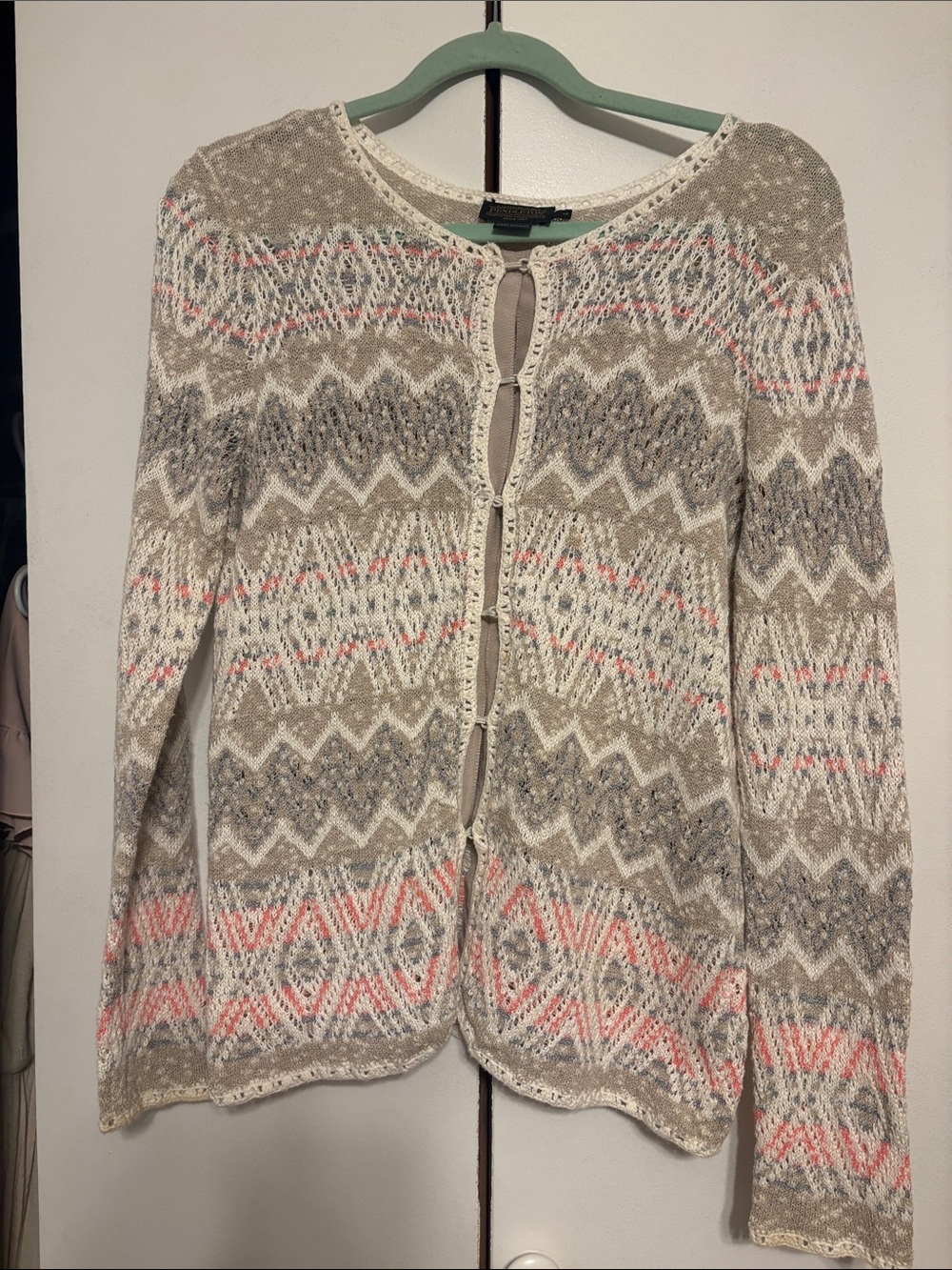 Pendleton Beige Patterned Open-Front Cardigan with Pink and Gray Accents